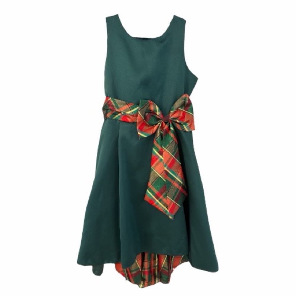 Girls Holiday Hi-Lo Dress with Plaid Bow